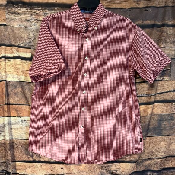 IZOD Men Button Down Shirt M Red White Gingham Short Sleeve Pocket Check Preppy - Picture 1 of 8